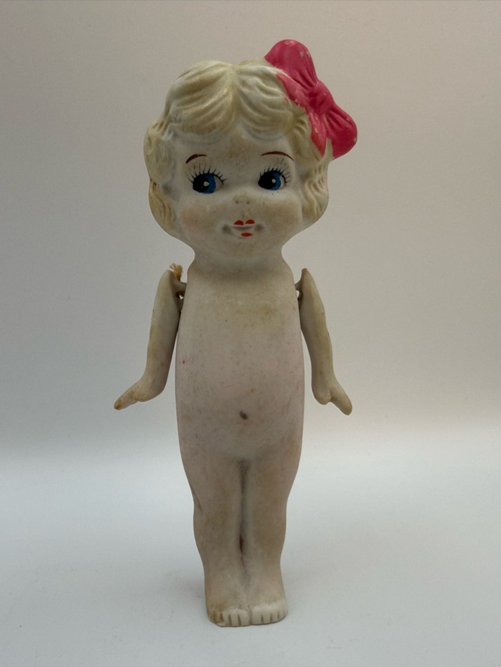 Antique Japan Bisque Kewpie Flapper Doll Strung Arms Blonde Hair Pink Bow - Picture 2 of 11